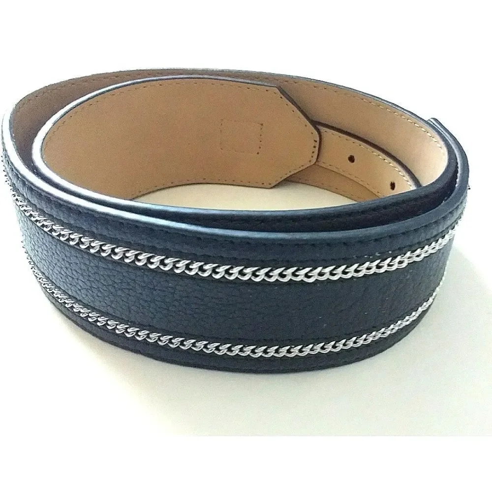 New! MICHAEL KORS Women's Pebbled Leather Black Belt With Chain Trim Size MEDIUM